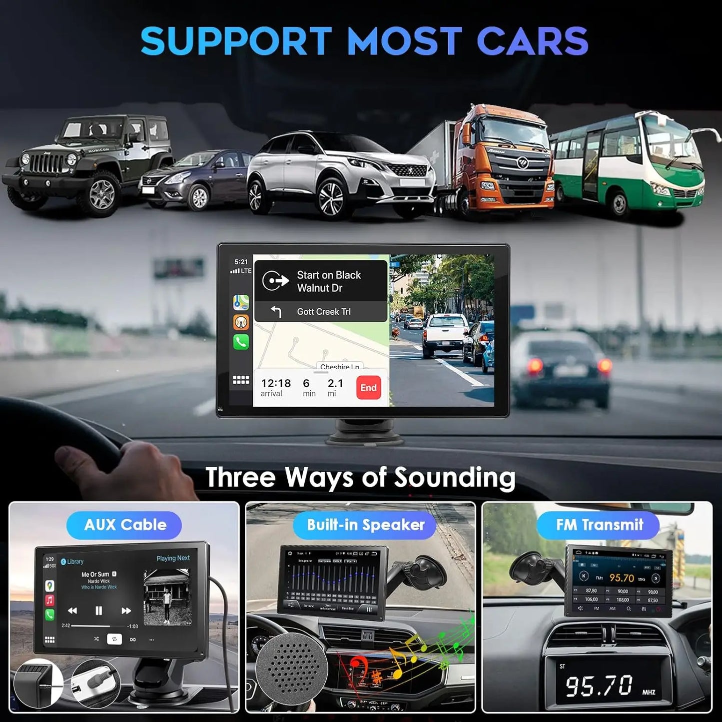 9 "portátil inalámbrico Carplay estéreo de coche Android Auto Radio de coche Bluetooth navegación GPS FM AUX reproductor Multimedia de coche