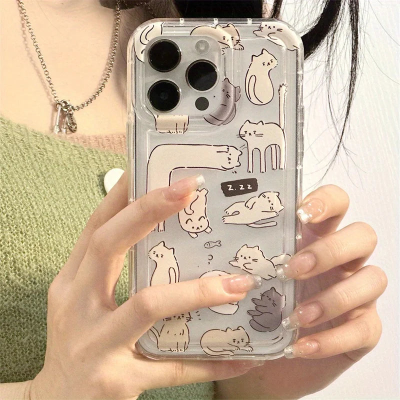 Funda de teléfono transparente suave con gráfico de gato de dibujos animados para iPhone 11 13 12 14 15 16 Pro Max XR X 7 8 Plus SE 2 3 cubierta de Airbag a prueba de golpes