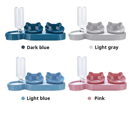 Cuencos para mascotas con alimentador de agua, diseño de oreja inclinado, juego de cuencos para agua y comida para gatos con botella de agua por gravedad para protección del cuello, 3 en 1