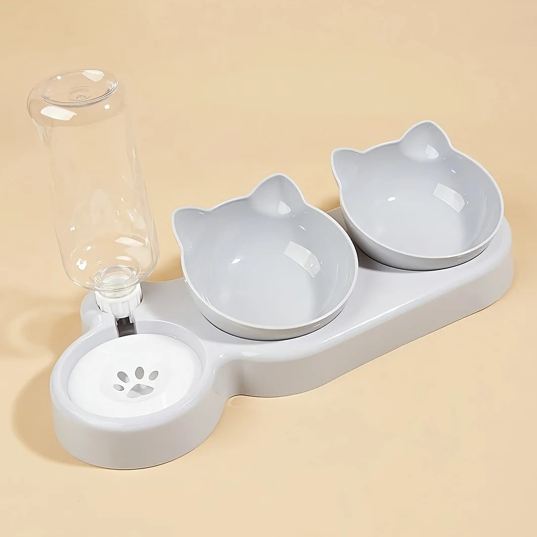 Cuencos para mascotas con alimentador de agua, diseño de oreja inclinado, juego de cuencos para agua y comida para gatos con botella de agua por gravedad para protección del cuello, 3 en 1