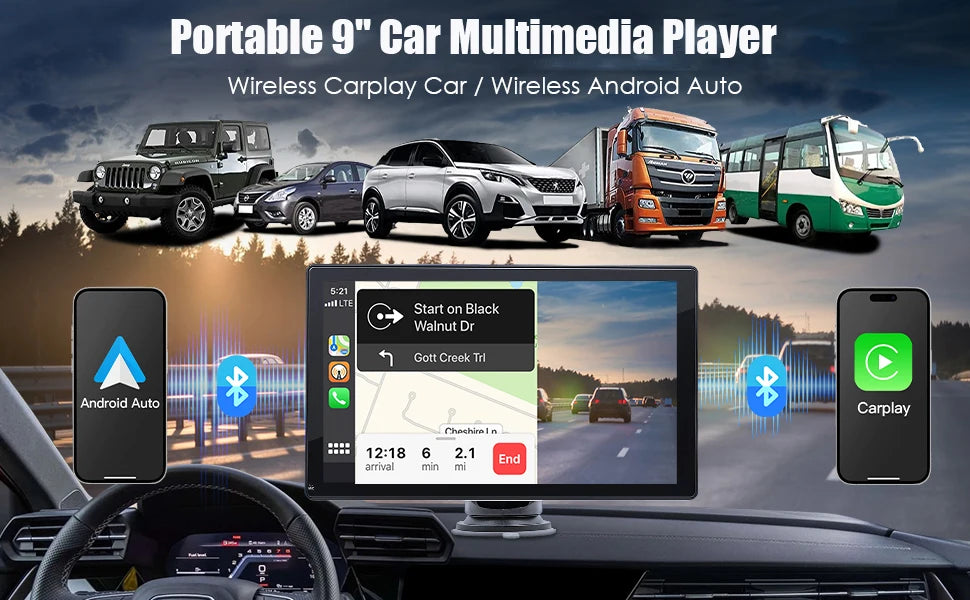 9 "portátil inalámbrico Carplay estéreo de coche Android Auto Radio de coche Bluetooth navegación GPS FM AUX reproductor Multimedia de coche