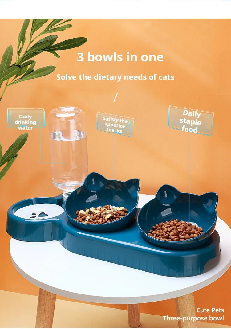 Cuencos para mascotas con alimentador de agua, diseño de oreja inclinado, juego de cuencos para agua y comida para gatos con botella de agua por gravedad para protección del cuello, 3 en 1
