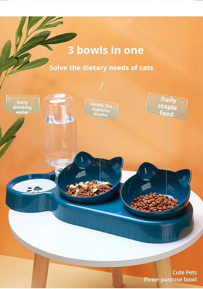 Cuencos para mascotas con alimentador de agua, diseño de oreja inclinado, juego de cuencos para agua y comida para gatos con botella de agua por gravedad para protección del cuello, 3 en 1