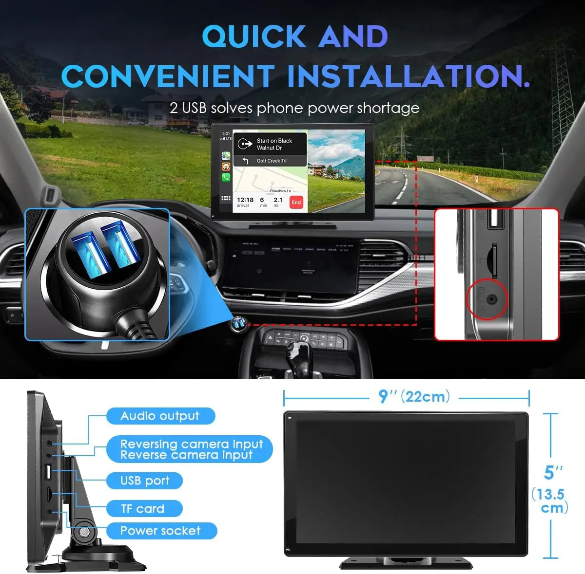 9 "portátil inalámbrico Carplay estéreo de coche Android Auto Radio de coche Bluetooth navegación GPS FM AUX reproductor Multimedia de coche