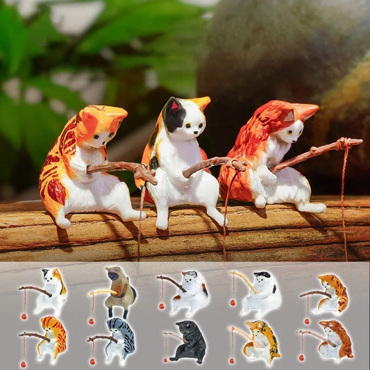 Adornos de gato de pesca, paisajismo de peces, decoración de acuario, Mini estatua de gato, accesorios de pescado, suministros para el hogar, decoración