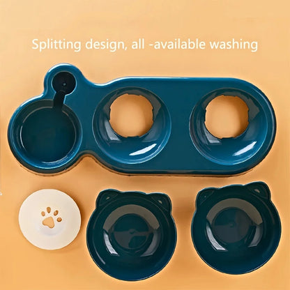 Cuencos para mascotas con alimentador de agua, diseño de oreja inclinado, juego de cuencos para agua y comida para gatos con botella de agua por gravedad para protección del cuello, 3 en 1